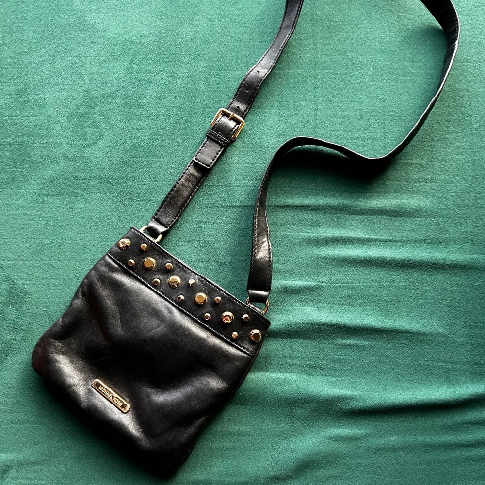 Michael Kors Black Leather Crossbody Bag with gold studs
